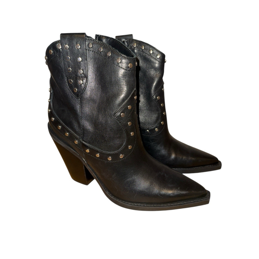 Black Studded Western Ankle Boots - Women
